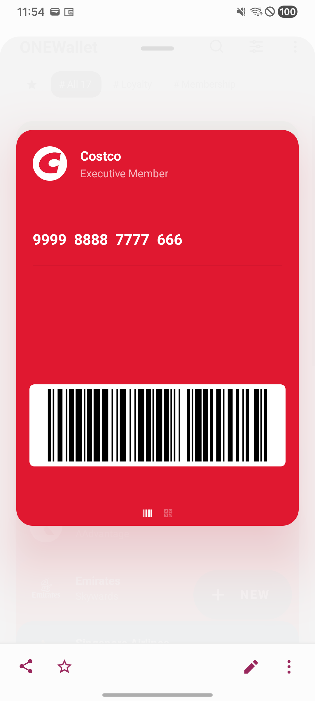 Barcode card displayed full screen